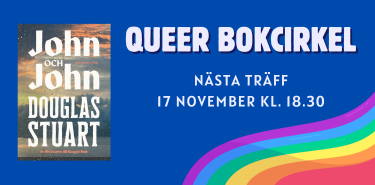 Bild med bokomslag, texten "Queer bokcirkel" och en vågformad regnbåge i nedre högra hörnet