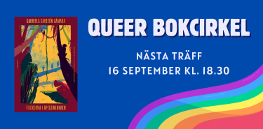 Bild med bokomslag, texten "Queer bokcirkel" och en vågformad regnbåge i nedre högra hörnet