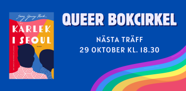 Bild med bokomslag, texten "Queer bokcirkel" och en vågformad regnbåge i nedre högra hörnet