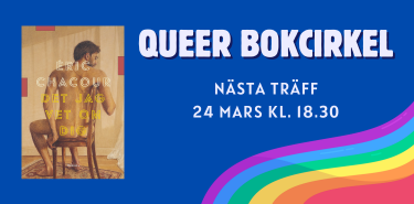 Bild med bokomslag, texten "Queer bokcirkel" och en vågformad regnbåge i nedre högra hörnet