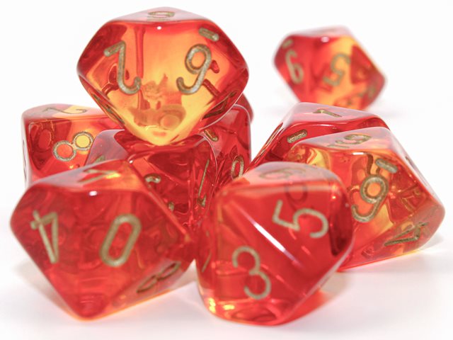 Tärningsset D10 10st Gemini Translucent Red Yellow gold