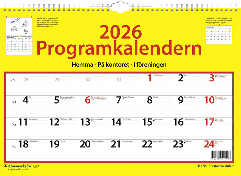 Programkalendern 42 x 29 cm · 12 Månadsblad · Wire-O med hängare · 1 månad/blad