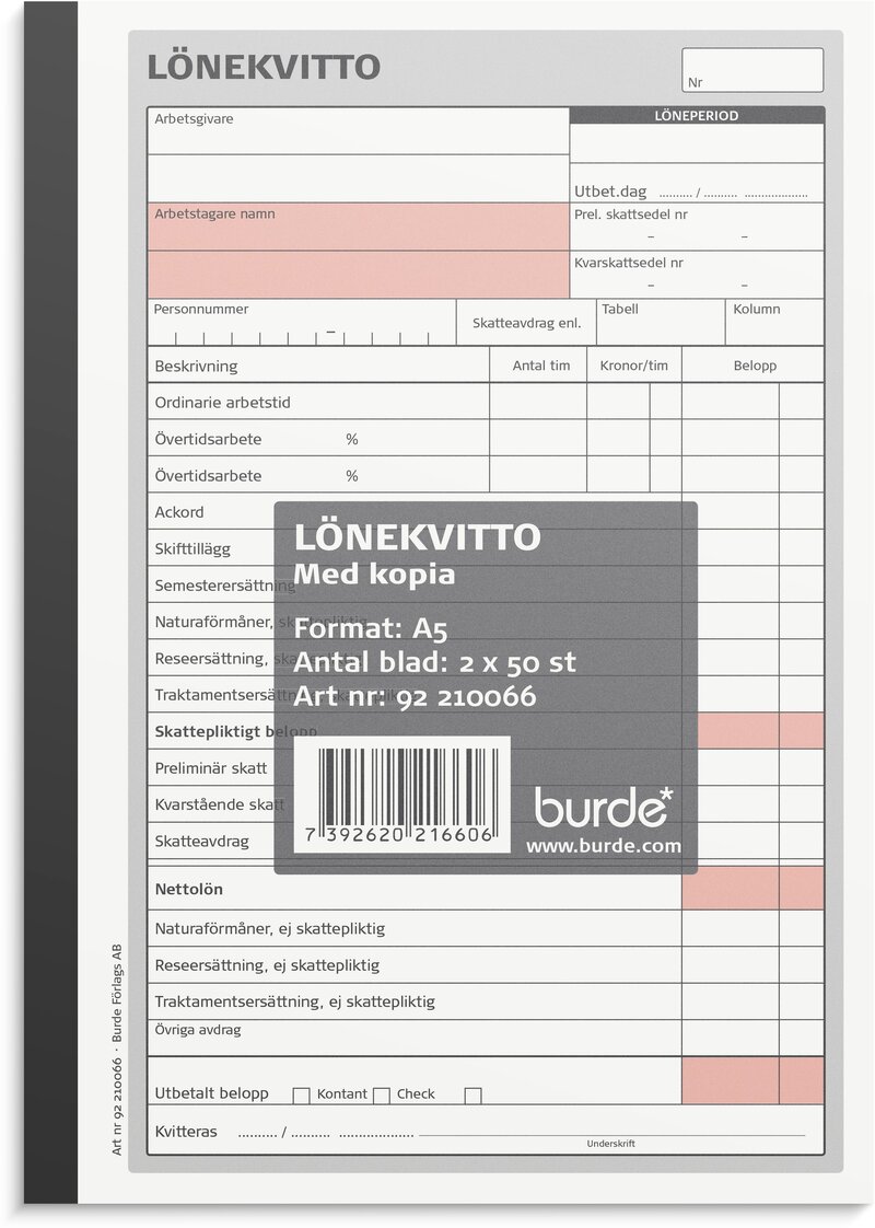 Lönekvitto A5 med 1 kopia 2 x 50 blad