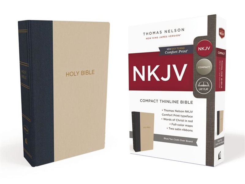 Nkjv, thinline bible, compact, cloth over board, blue/tan, red letter editi