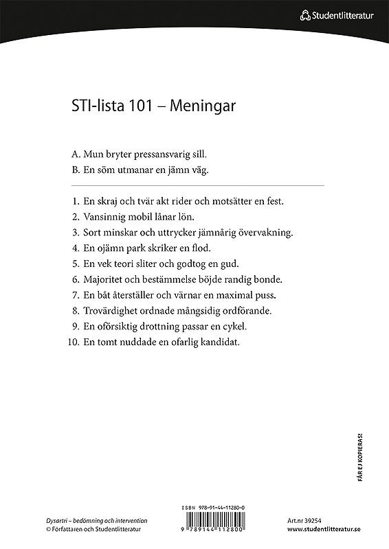 Dysartri - STI-lista 101-150 - Ord- och meningslistor för testning av patientens förståelighet