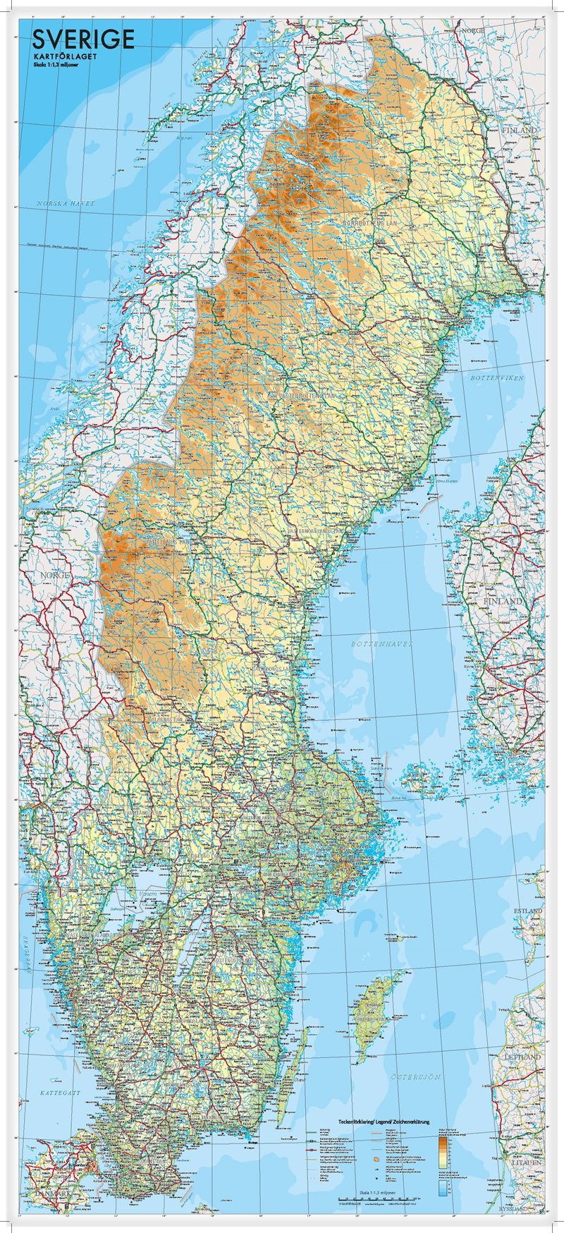 Sverige väggkarta Kartförlaget 1:1,3 milj, miljö i papptub